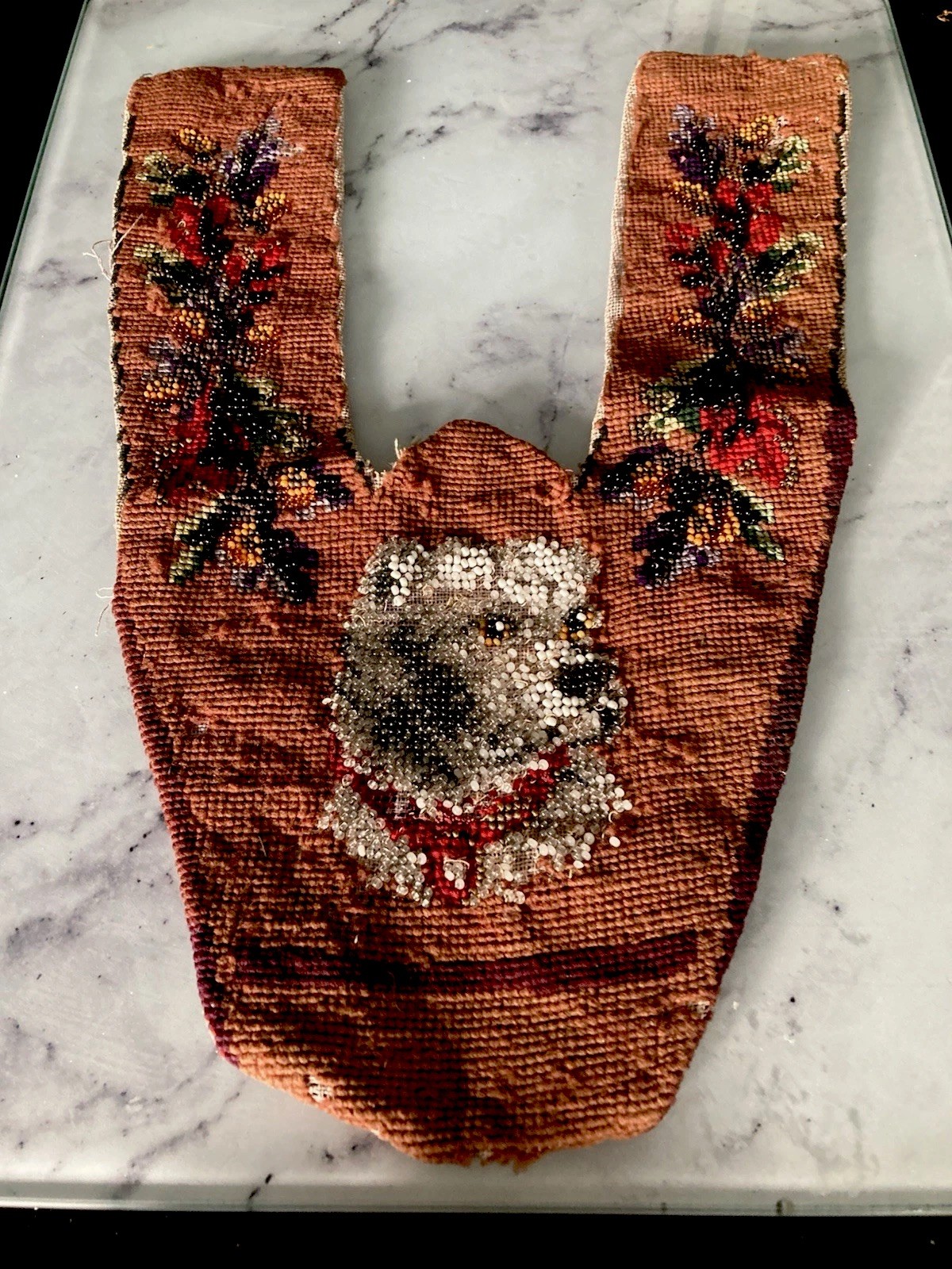 Antique 19C Victorian Hand Made Glass Beaded Embroidered Slipper Front