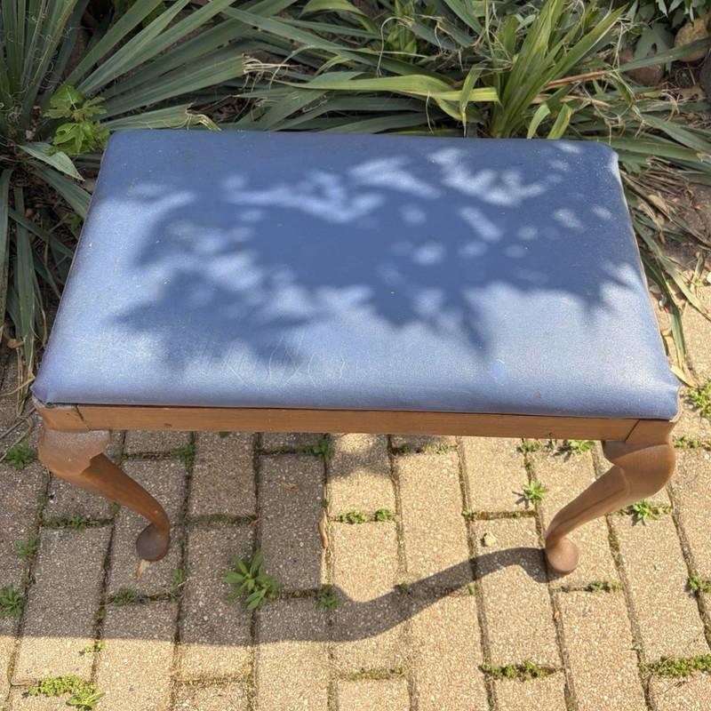 Antique 1970s Blue Upholstered Wood Vanity Stool Bench, Rectangle, 23x18x19 in