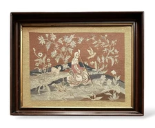 Antique Needlepoint Shepherdess with Lamb and Dove 19th Century
