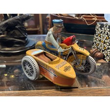 Vintage Tin Wind-Up Police Motorcycle w/ Sidecar Toy