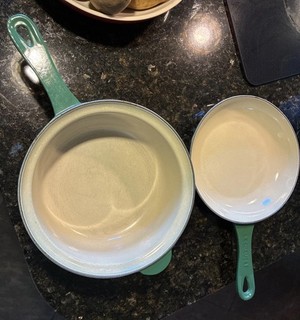 Le Creuset #22 Green Enameled Cast Iron 2 In 1 2 Qt Saucepan & 8’ Skillet Vtg?
