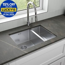 Stainless Steel Kitchen Sink Deep Undermount 1.5 Bowl Strainer Waste 590x440mm