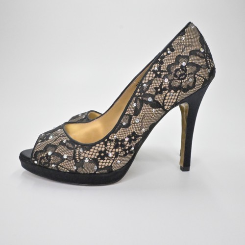 BENJAMIN ADAMS Pumps Womens Sz 7.5 Black Lace Rhinestone Peep Toe Stiletto Heel - Picture 5 of 12