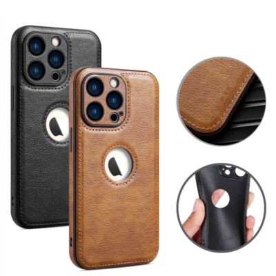 Luxury Leather Armor Case For Apple iPhone 15 14 Pro Max Logo Hollow Back Cover