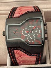 OULM Large Unique Military Army Dual Time Zone Watch Leather Mens Black Red