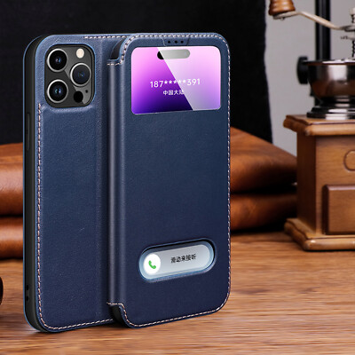 Genuine Leather Smart Window Slim Flip Case Cover for iPhone 14 15 16 17 Pro Max