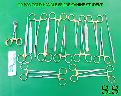 29 PCS GOLD HANDLE FELINE CANINE STUDENT DISSECTION SPAY PACK KIT + BLADES #11
