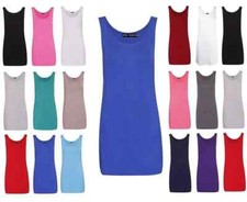 WOMENS SCOOP NECK SLEEVELESS LADIES LONG STRETCH PLAIN VEST STRAPPY T-SHIRT TOP