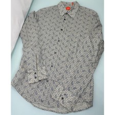Hugo Boss Men Shirt Paisley Beige Small S Lightweight Slim Fit Cotton Button Up