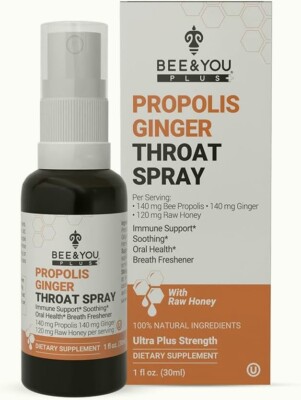 Bee and You Plus Propolis Throat Spray with Ginger & Honey, Immune Support, 1 oz