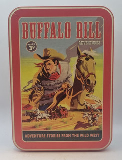 Retro BUFFALO BILL ADVENTURES Collectors Tin Hinged Lid 19cm x 13.5cm x 7cm