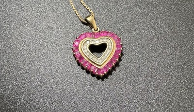 14k Yellow Gold Ruby And Diamond Heart Pendant with Gold Plated Silver Chain