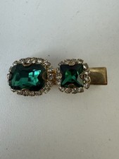 Vintage Gold Tone Green Rhinestone Hair Barrette Emerald Glass Style