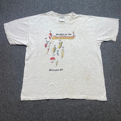 Hooked on the Northland Fishing Lure TShirt Sz XL Mens Gray Grunge Minocqua WI