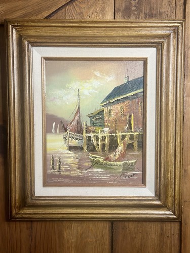 Pintura náutica/paisaje marino enmarcada Dior firmada al óleo original de colección 14x16 - Imagen 3 de 22