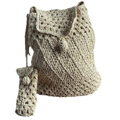 VTG 100% Paper Woven Crochet Bucket Bag Backpack Clip On Coin Purse Y2k Cottage