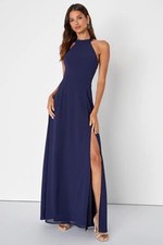 Lulus Women Confidently Charismatic Backless Halter Maxi Dress Blue XL