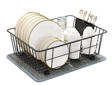 Black Metal Dish Drying Rack with Utensil Holder – Countertop Plate Drainer
