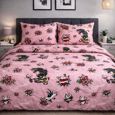Ed Hardy King 6-Piece Sheet Set Americana Tattoo Heart Rose Swallow Print NWT