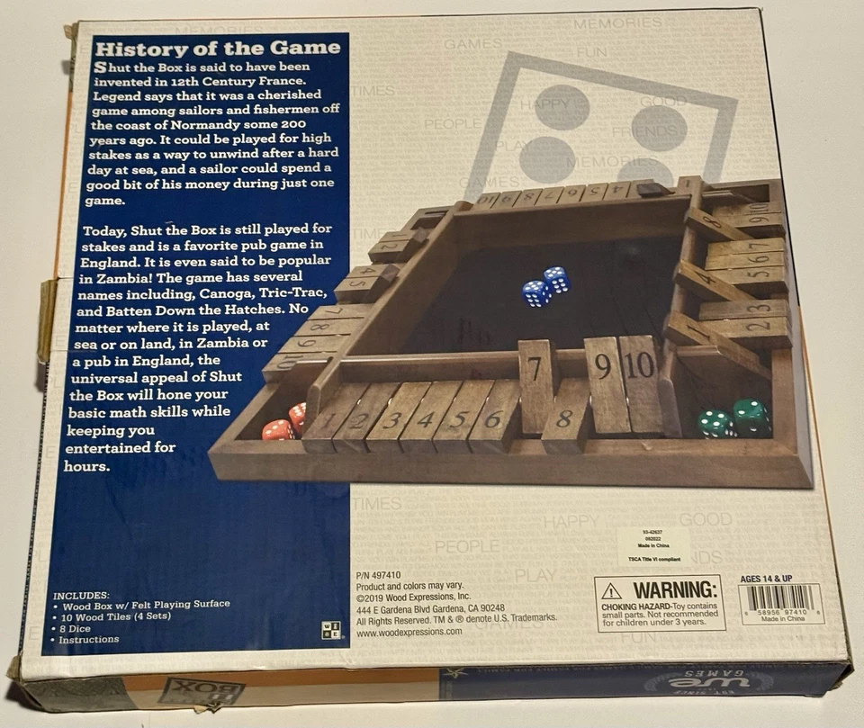 NEW SHUT THE BOX by WE Dice Game Wood Box, Felt Playing Surface & 8 Dice 2019 - Image 2 of 4