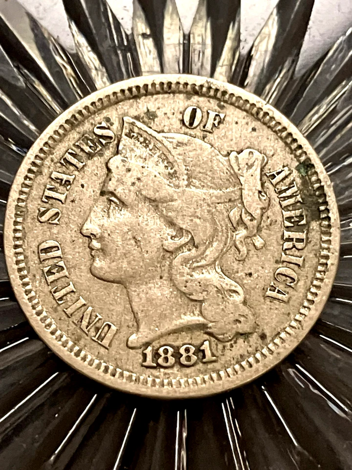 Beautiful, 1881 Nickel Three Cent Piece, Philadelphia Mint, V Fine-Ex Fine Cond - Image 3 of 4