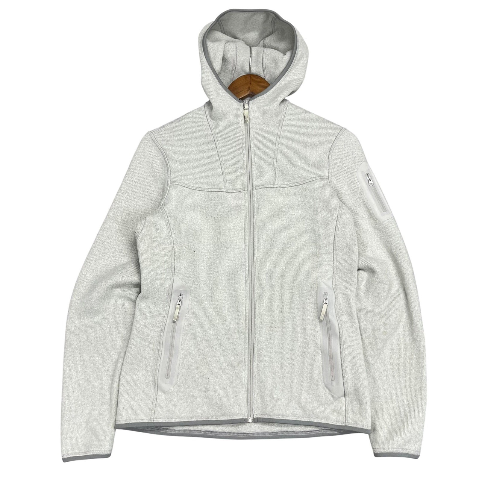 ARC'TERYX Arcteryx donna pile felpa con cappuccio zip intera giacca grigio taglia M 2014 cardigan coperto