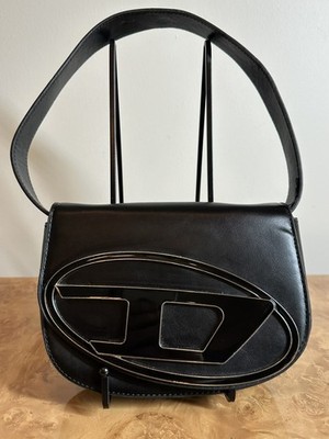 Diesel Black Leather Logo Flap Shoulder Bag Y2K Archive Oval D Handbag