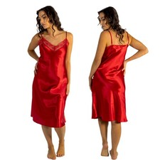 Bright Red Silky Shiny Sexy Satin Lace Chemise Nightie Slip Midi Length Size 22