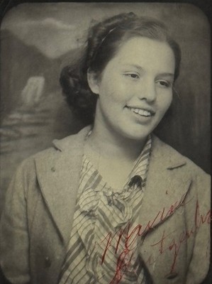 1940s Photo Booth Portrait Pretty Woman Painted Backdrop Smile Jacket Ruffles