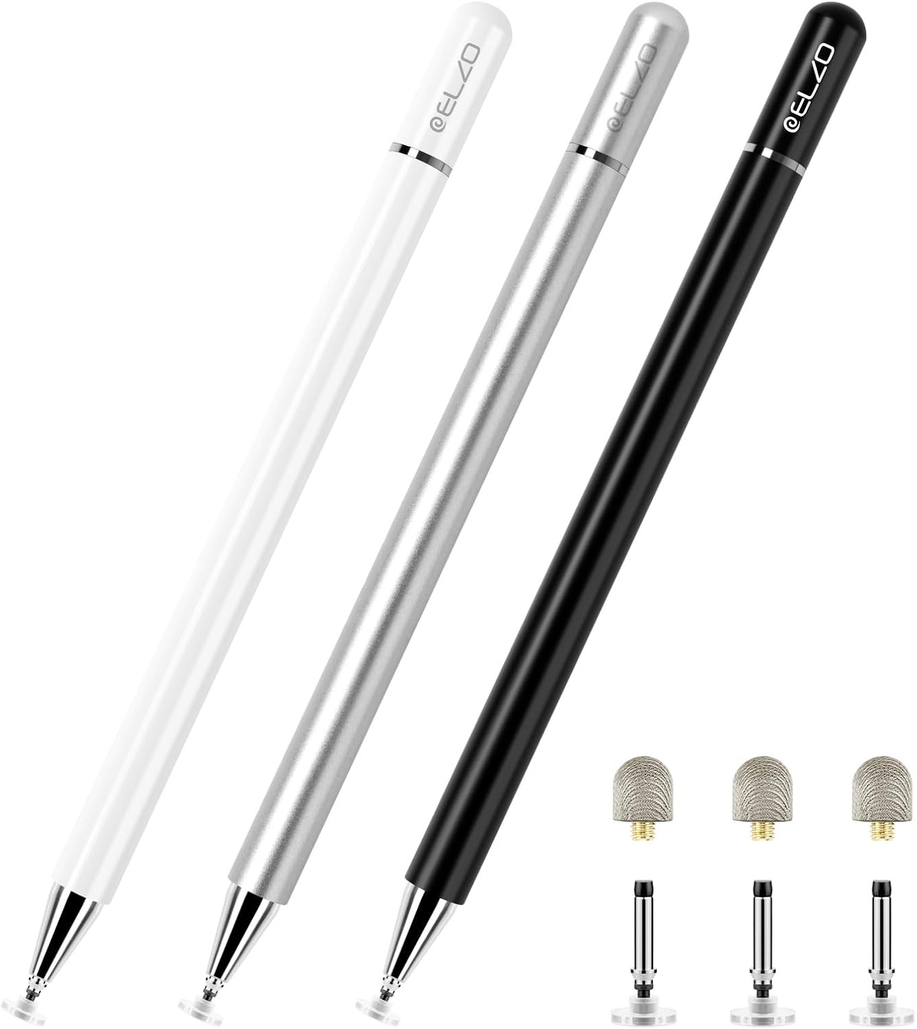 ELZO Stylus Pens for Touch Screen, 2 in 1 Universal White/Black/Silver
