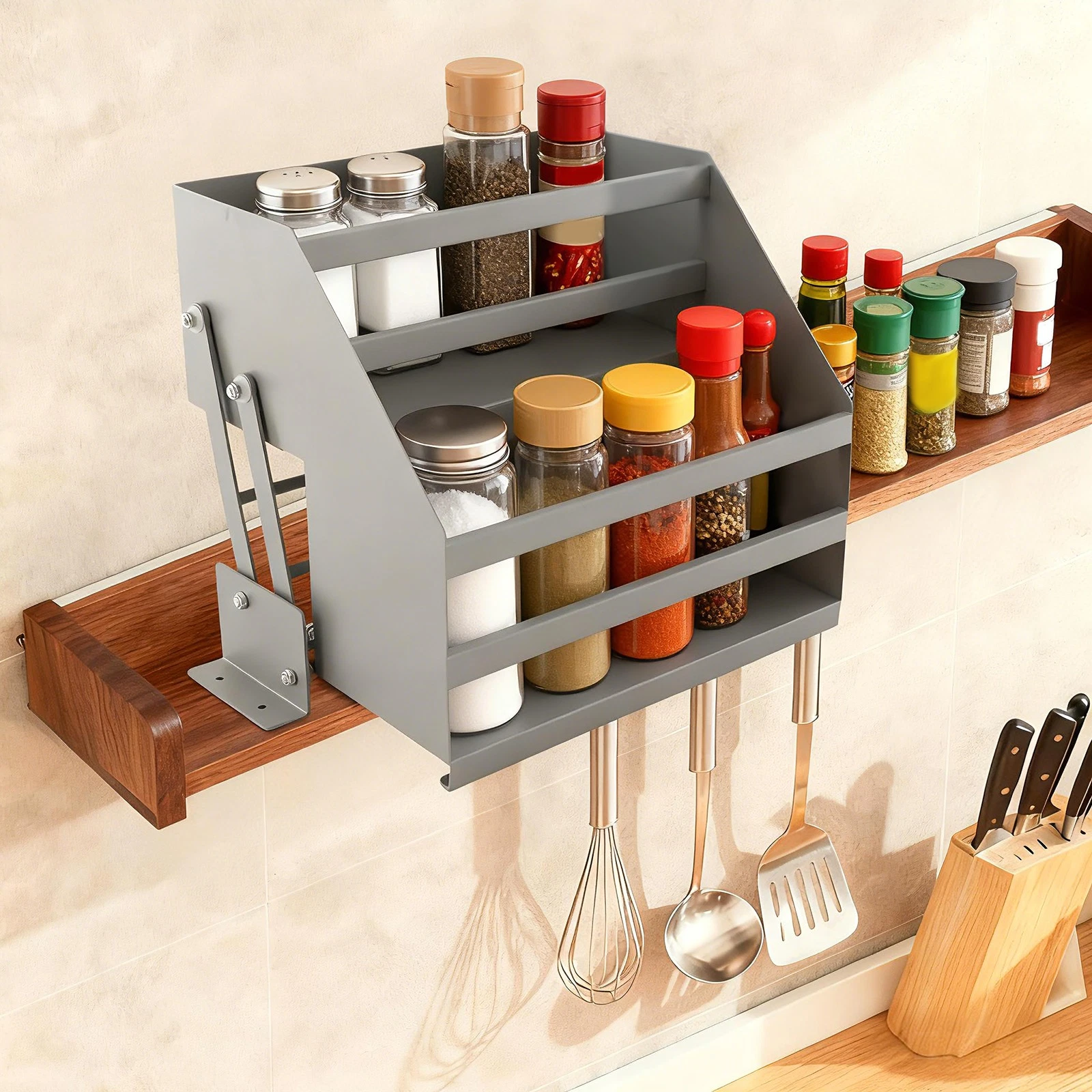 New 2 LED lights Pull Down Cabinet Organizer 2 Tier Wall Shelf Spice Dishes Rack
