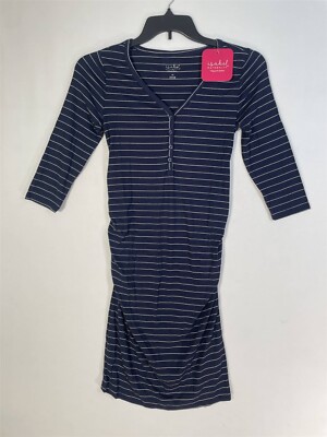Isabel Maternity Bodycon Henley Dress XS 3/4 Sleeve Ribbed Dark Blue Striped