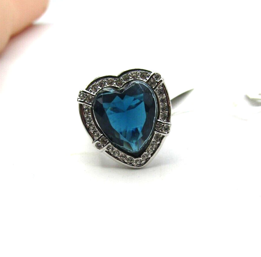 JTV TITANIC COLLECTION CZ & BLUE CRYSTAL HEART SILVER TONE RING