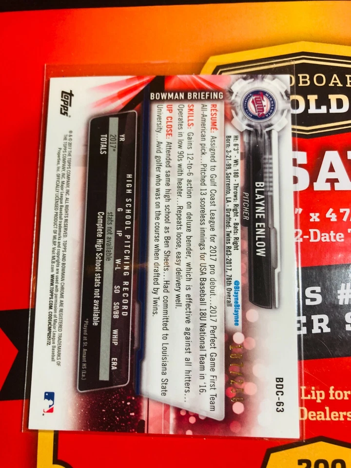 2017 Bowman Draft Chrome Purple Refractor /250 Blayne Enlow #BDC-63 VJ91 - Image 2 of 2