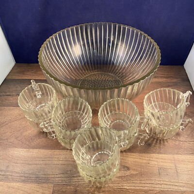 Root Beer Mug Ribbed Design Rare Party Punch Bowl Set 10 Cups