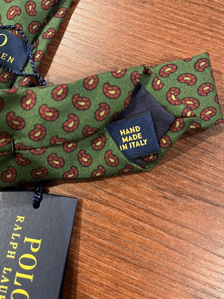 NWT POLO Ralph Lauren Green & Red Paisley Mens Hand Made Tie 100 Silk