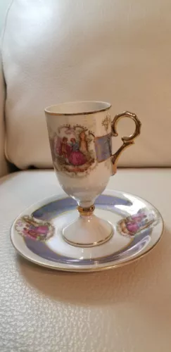 Vintage Porcelain Tall Footed DEMITASSE TEACUP & SAUCER Courting Couple fine