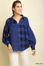 Umgee Top Womenes Plaid Checkered Print Long Sleeve Button Up Collared Scoop Hem