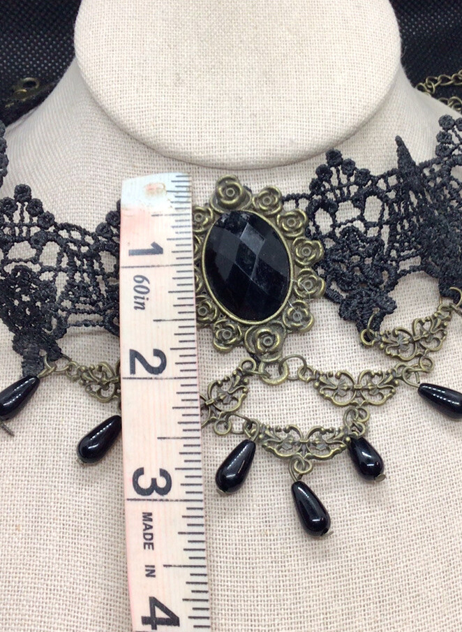 Vintage Gold Tone Costume Wide Black Lace Black Stone Choker