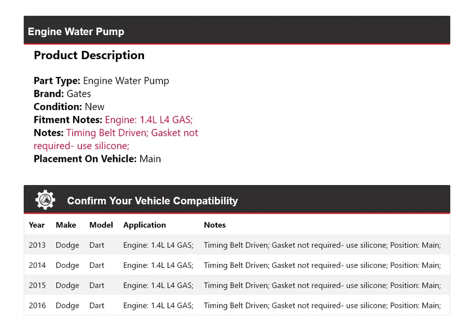 Для 2013-2016 Dodge Dart 1,4 л L4 газовый двигатель водяной насос главные ворота 2014 2015 - Изображение 2 из 4