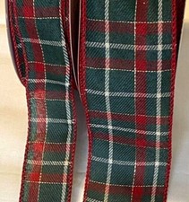 5 yds GREEN HOLIDAY PLAID w/ GOLD WIRE EDGE RIBBON 1 1/2" or 2 1/2" w 2 widths