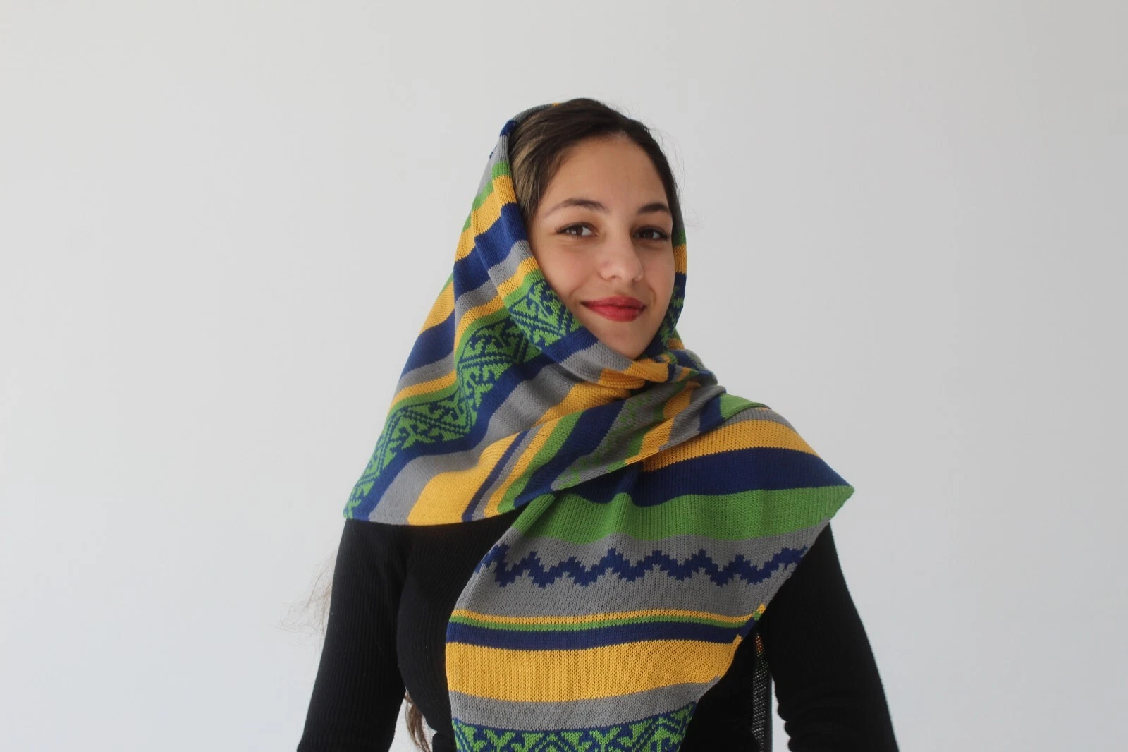 Triangle scarf colorful striped lightweight with jacquard inserts