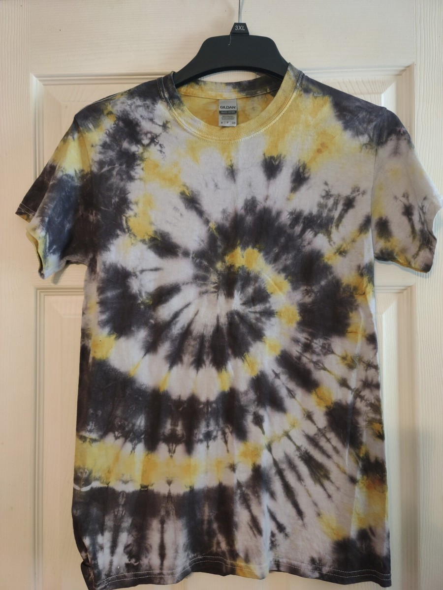 yellow and black tie dye shirt