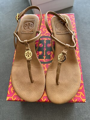 Tory Burch Emmy Demi Tan Leather Thong Wedge Sandals