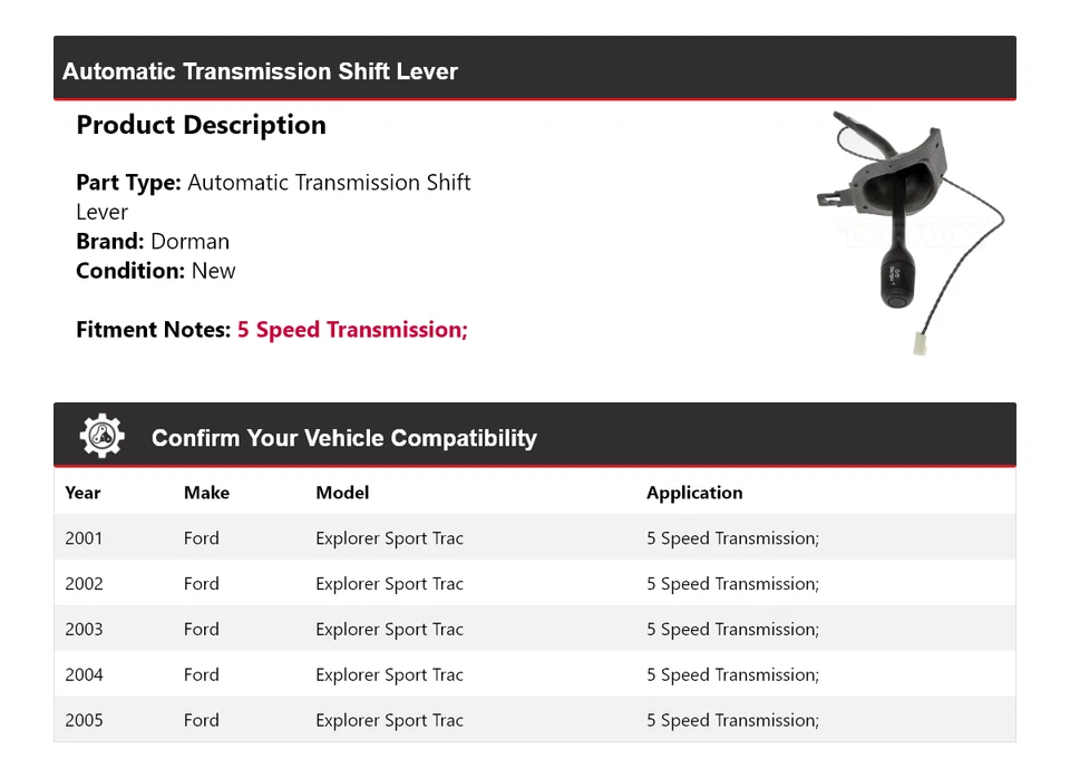 Рычаг переключения передач АКПП для Ford Explorer Sport Trac Dorman 2001-2005 годов выпуска - Изображение 2 из 4