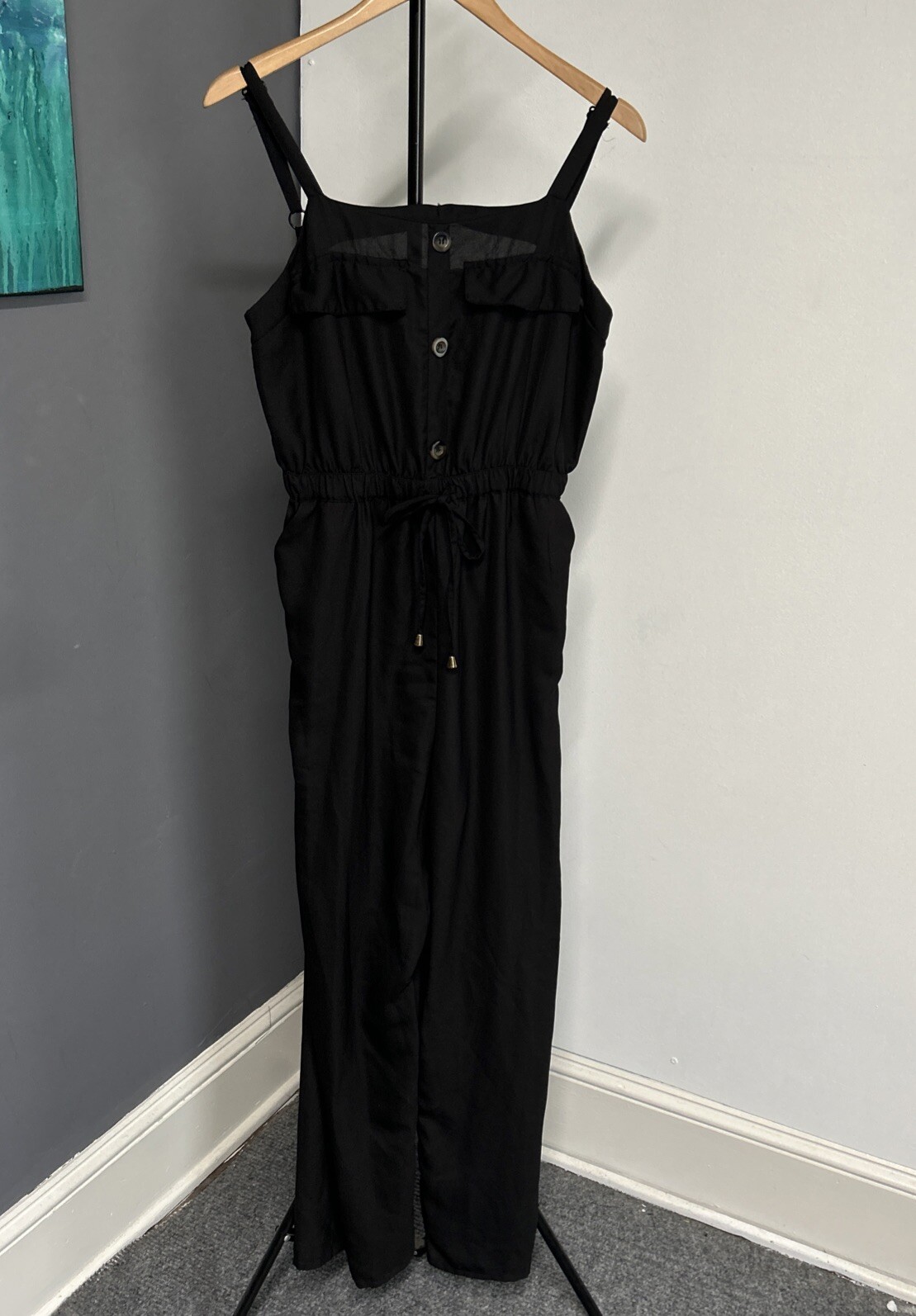 Boho Black Sheer Jumpsuit for Women XL with Tie Waist & Pockets-image