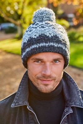 Pachamama Mens Jorvik Bobble Beanie, Hand Knitted, Fleece Lined