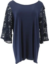 DG2 Diane Gilman Lace-Slv Top NAVY S NEW (946)