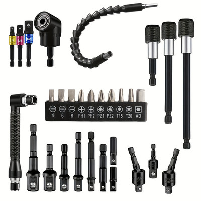 31Piece 105 Degree Right Angle Drill Socket Adapter Flexible Shaft Extension Bit