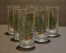 ​🎄​6 VTG CUTHBERTSON Christmas Tree 12 oz Tumblers Glasses, Gold Rim, 5.5"​